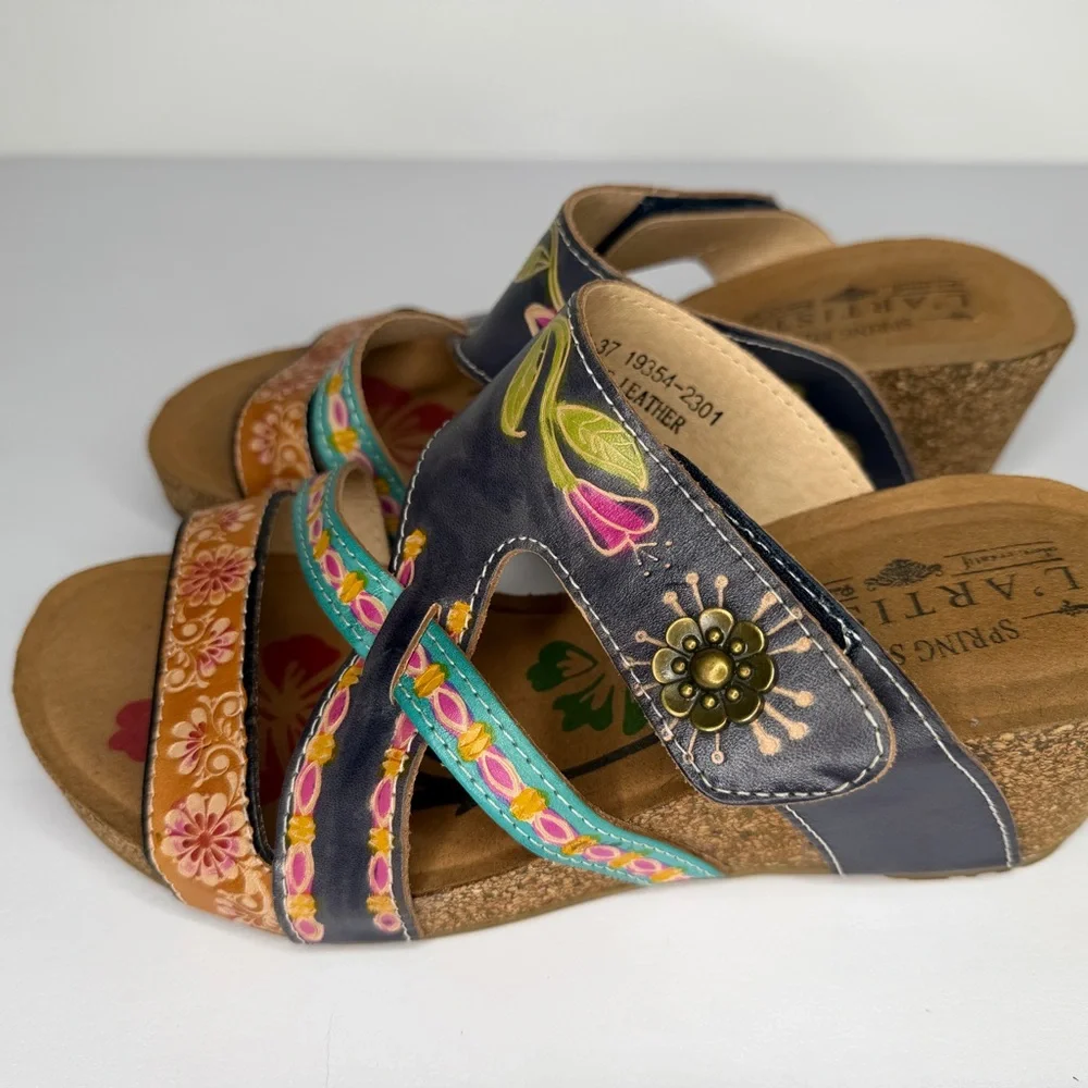 L’Artiste Sandals Womens Size 37, 6.5-7 US, Swan Spring Step Wedge Boho Floral